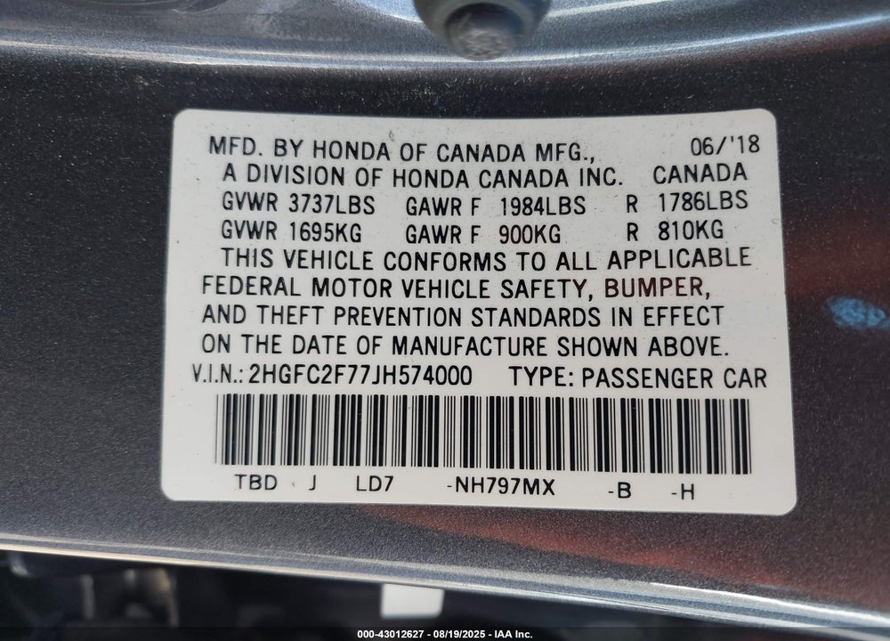 2018 HONDA CIVIC VIN: 2HGFC2F77JH574000