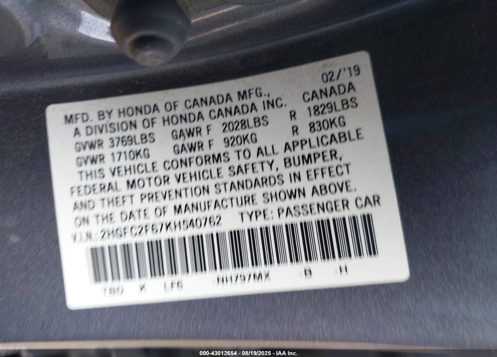 2019 HONDA CIVIC VIN: 2HGFC2F67KH540762