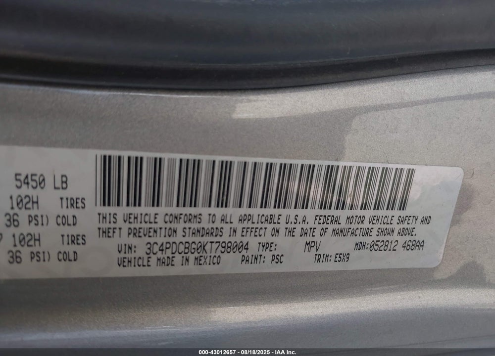2019 DODGE JOURNEY VIN: 3C4PDCBG0KT798004