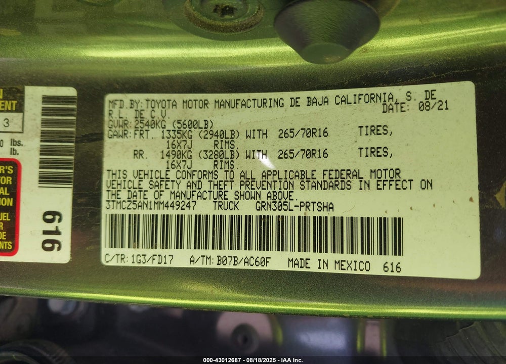2021 TOYOTA TACOMA TRD OFF ROAD VIN: 3TMCZ5AN1MM449247