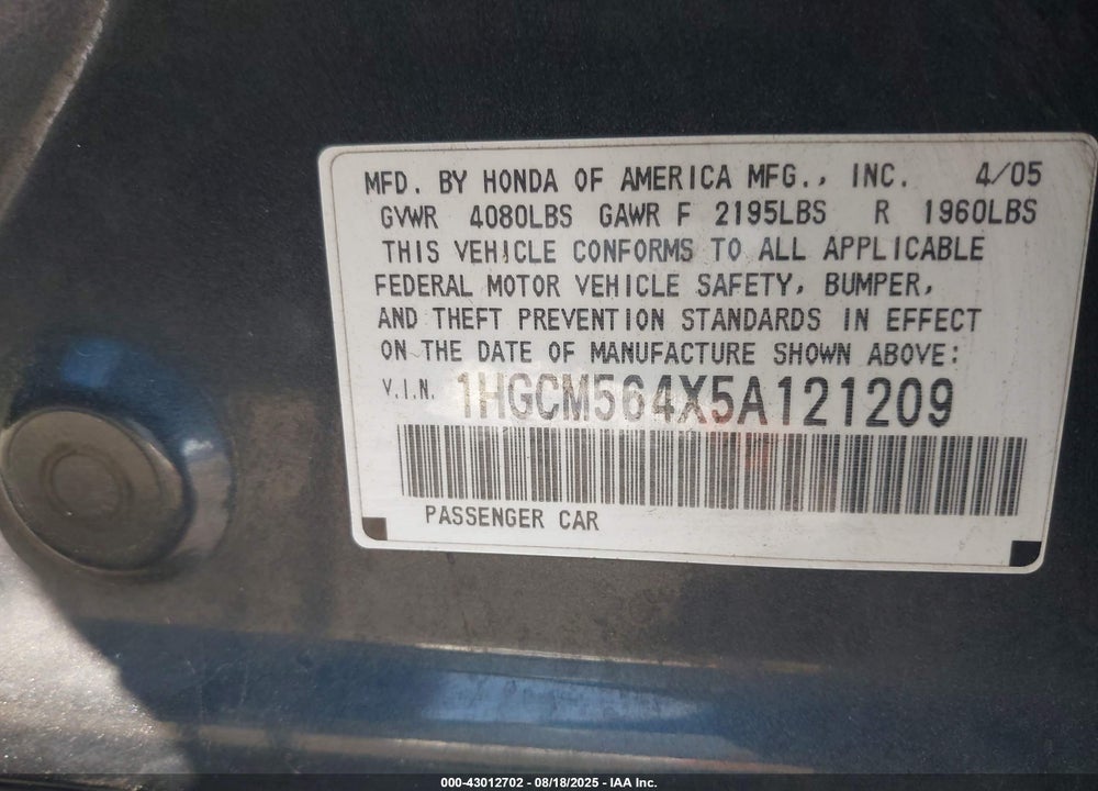 2005 HONDA ACCORD 2.4 LX VIN: 1HGCM564X5A121209