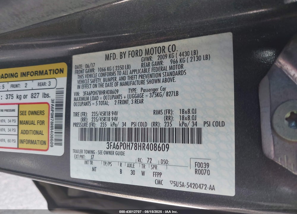 2017 FORD FUSION VIN: 3FA6P0H78HR408609