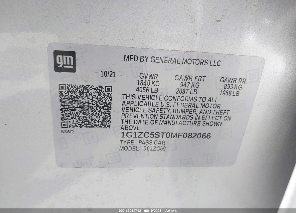 2021 CHEVROLET MALIBU VIN: 1G1ZC5ST0MF082066