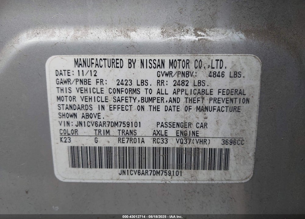2013 INFINITI G37 VIN: JN1CV6AR7DM759101