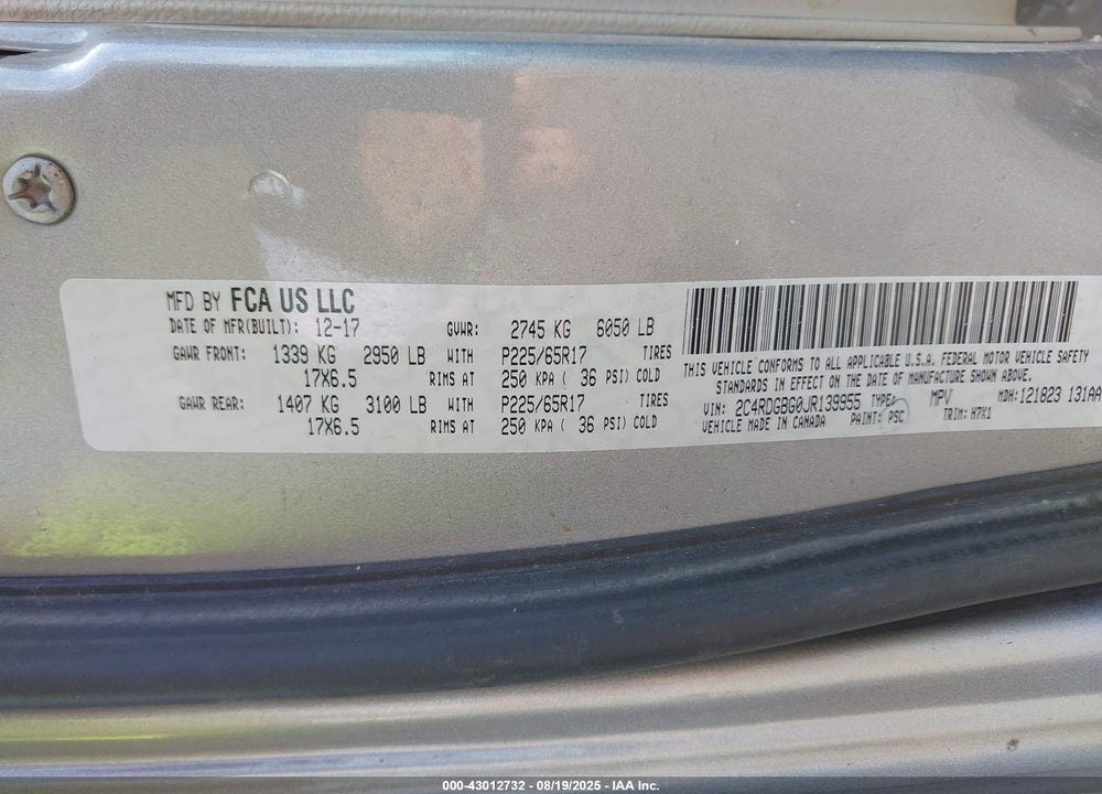 2018 DODGE GRAND CARAVAN SE VIN: 2C4RDGBG0JR139955