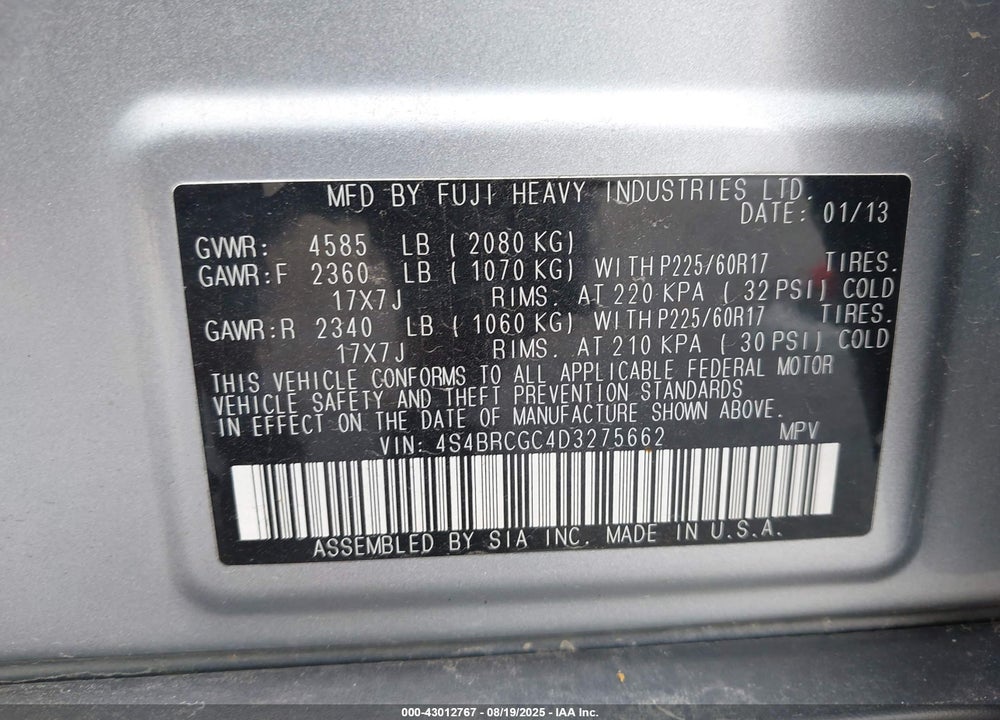 2013 SUBARU OUTBACK 2.5I PREMIUM VIN: 4S4BRCGC4D3275662