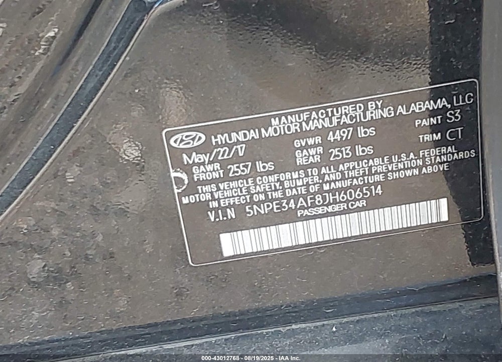 2018 HYUNDAI SONATA VIN: 5NPE34AF8JH606514