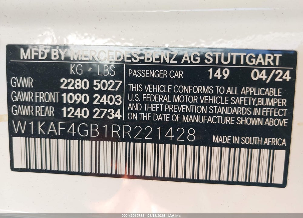 2024 MERCEDES-BENZ C 300 VIN: W1KAF4GB1RR221428