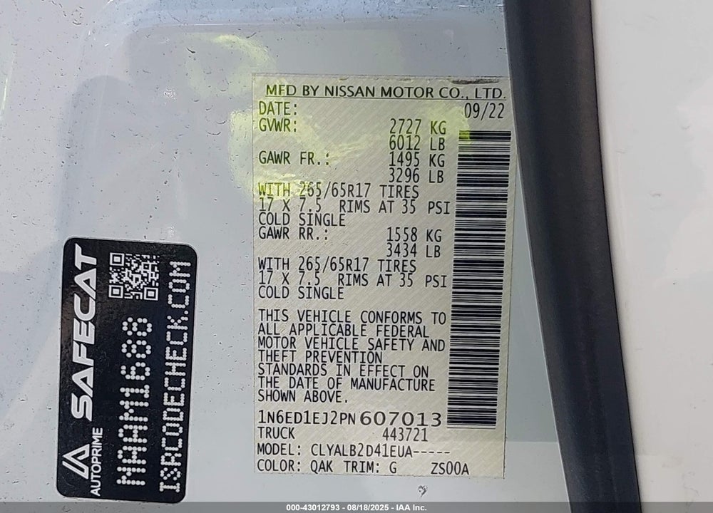 2023 NISSAN FRONTIER VIN: 1N6ED1EJ2PN607013