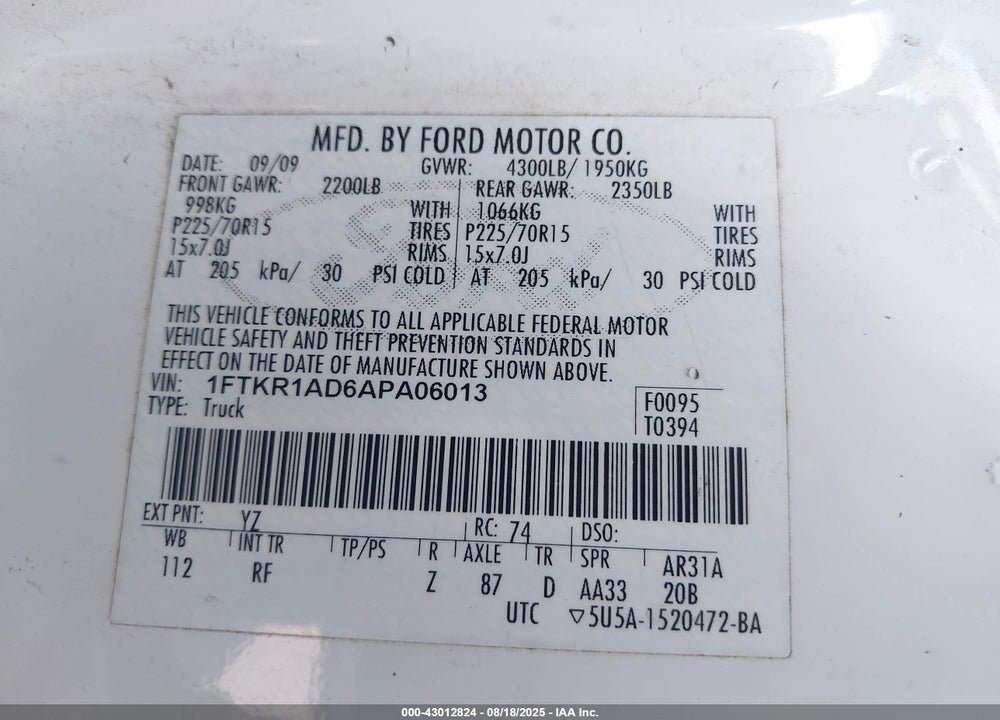 2010 FORD RANGER XL/XLT VIN: 1FTKR1AD6APA06013