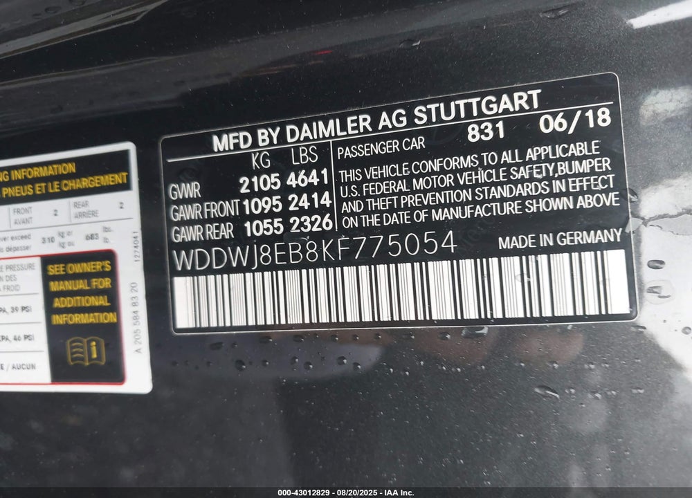 2019 MERCEDES-BENZ C CLASS VIN: WDDWJ8EB8KF775054