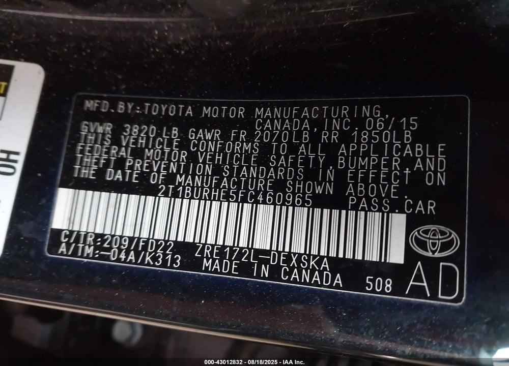 2015 TOYOTA COROLLA VIN: 2T1BURHE5FC460965
