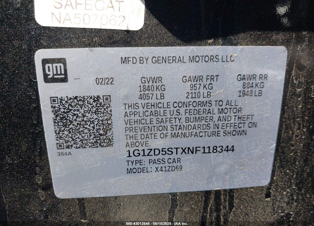 2022 CHEVROLET MALIBU VIN: 1G1ZD5STXNF118344