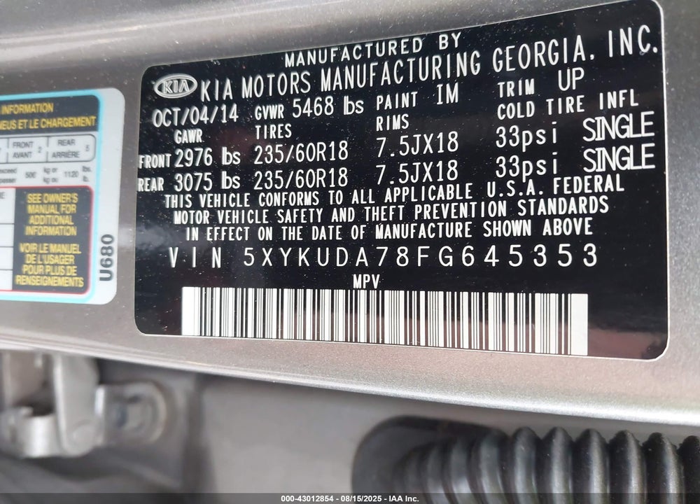 2015 KIA SORENTO EX V6 VIN: 5XYKUDA78FG645353