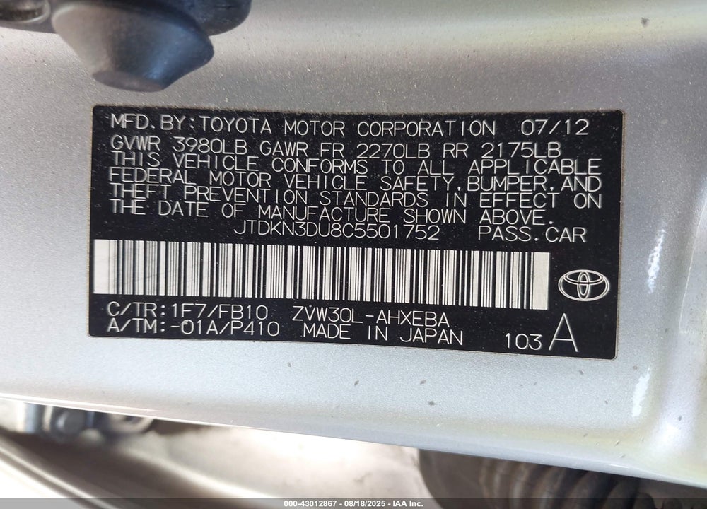 2012 TOYOTA PRIUS VIN: JTDKN3DU8C5501752