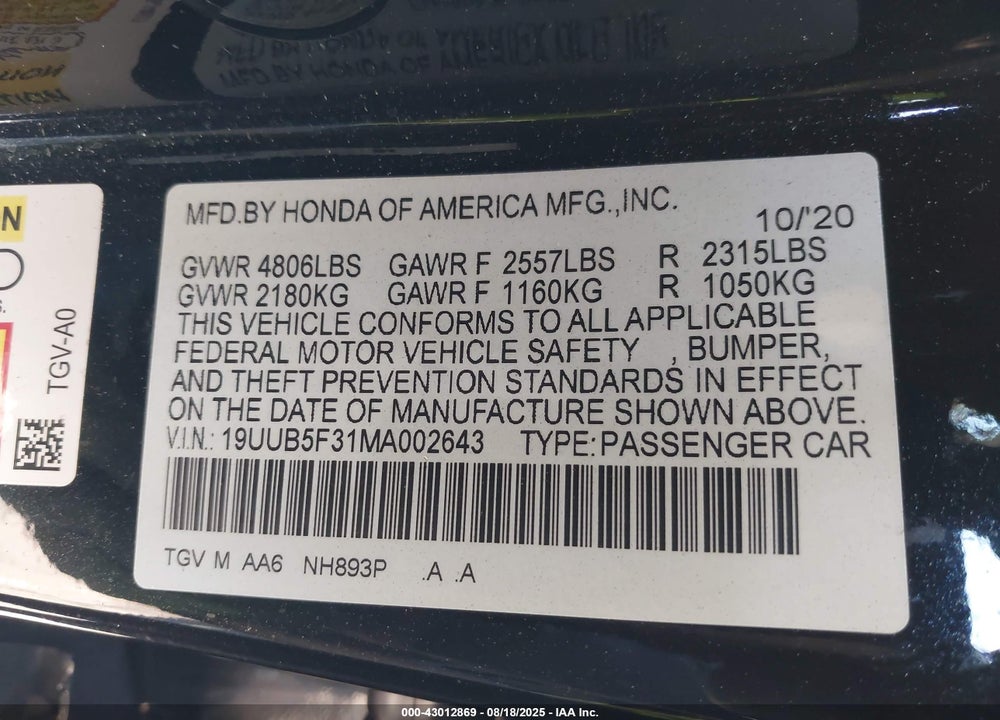 2021 ACURA TLX VIN: 19UUB5F31MA002643