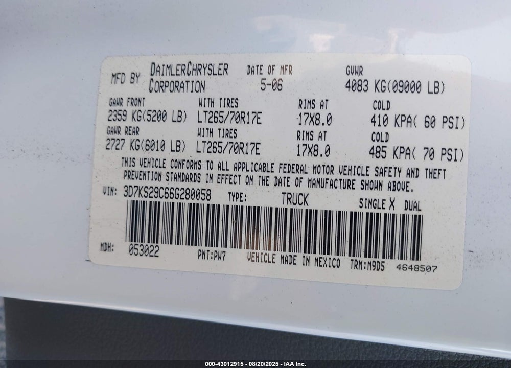 2006 DODGE RAM 2500 SLT VIN: 3D7KS29C66G280058