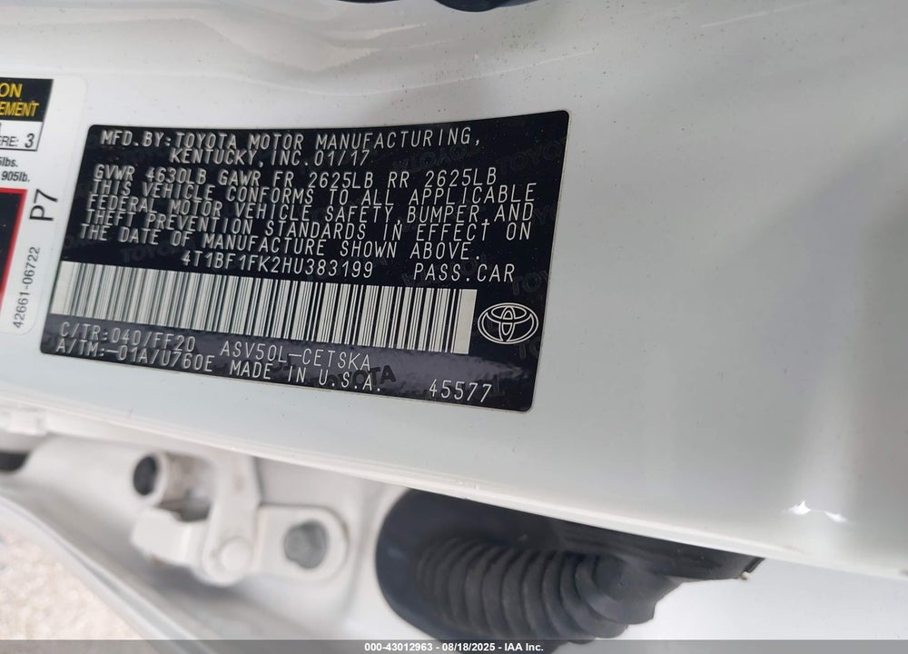 2017 TOYOTA CAMRY VIN: 4T1BF1FK2HU383199