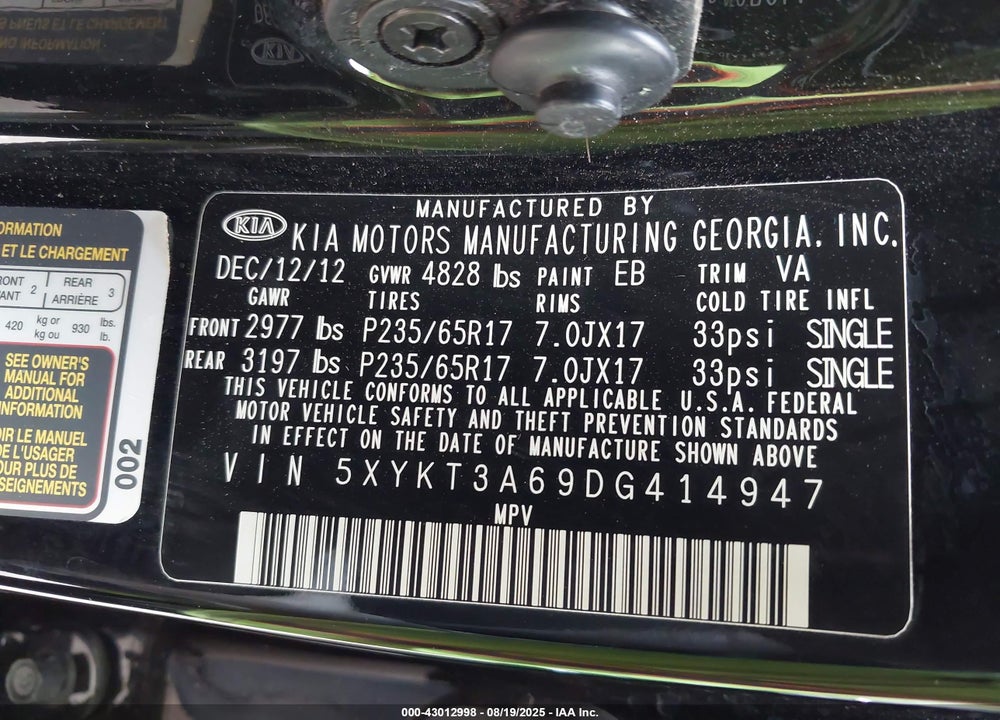 2013 KIA SORENTO LX VIN: 5XYKT3A69DG414947