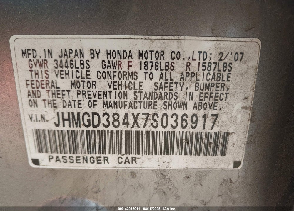 2007 HONDA FIT VIN: JHMGD384X7S036917