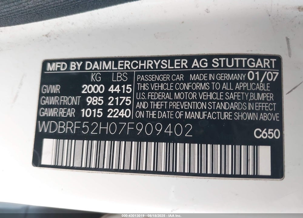 2007 MERCEDES-BENZ C 230 SPORT VIN: WDBRF52H07F909402