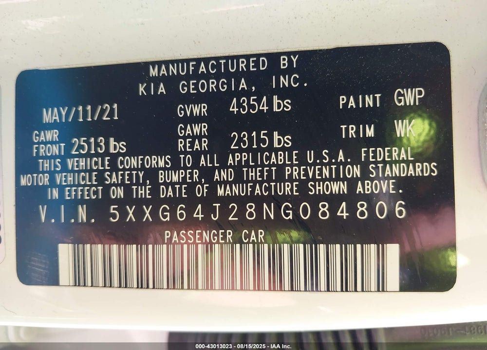 2022 KIA K5 VIN: 5XXG64J28NG084806