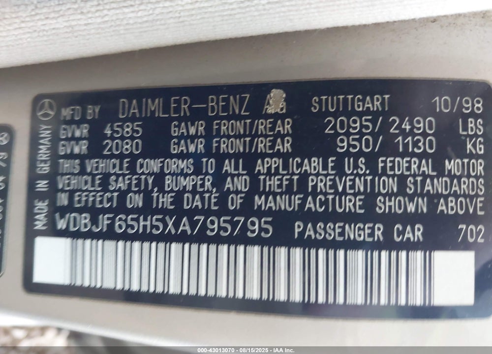 1999 MERCEDES-BENZ E 320 VIN: WDBJF65H5XA795795