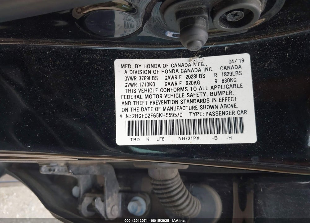 2019 HONDA CIVIC VIN: 2HGFC2F65KH559570