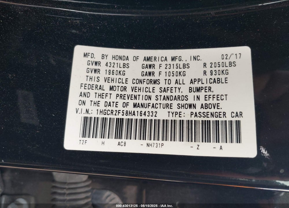2017 HONDA ACCORD VIN: 1HGCR2F58HA164332