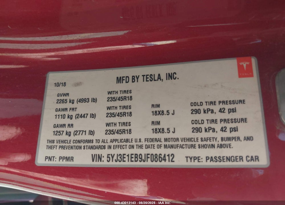 2018 TESLA MODEL 3 LONG RANGE/PERFORMANCE VIN: 5YJ3E1EB9JF086412