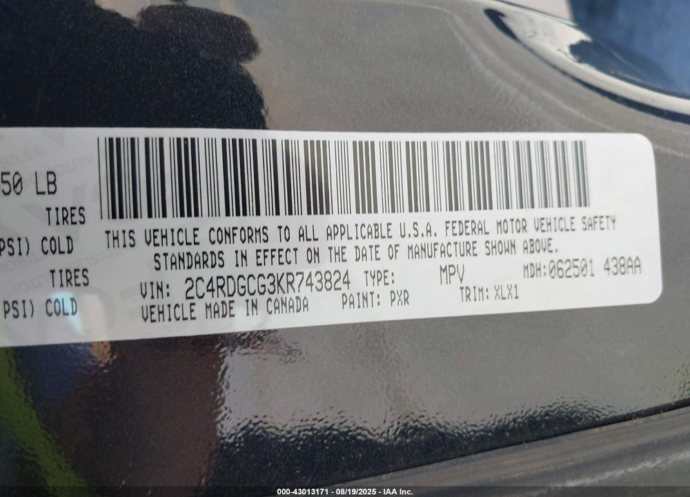 2019 DODGE GRAND CARAVAN SXT VIN: 2C4RDGCG3KR743824