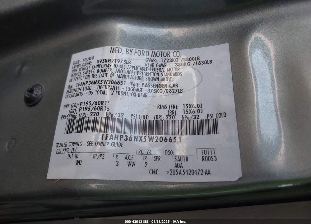2005 FORD FOCUS ZXW VIN: 1FAHP36NX5W206651