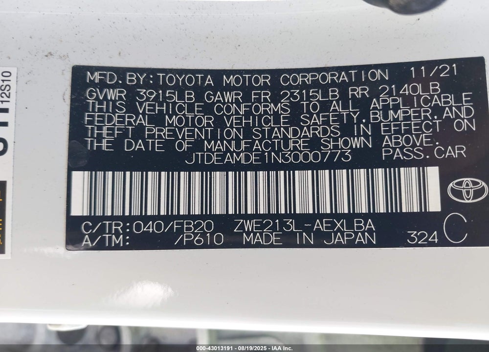 2022 TOYOTA COROLLA VIN: JTDEAMDE1N3000773