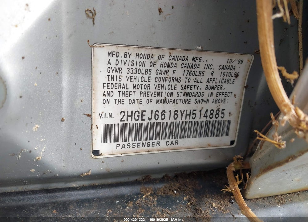 2000 HONDA CIVIC VALUE PACKAGE VIN: 2HGEJ6616YH514885