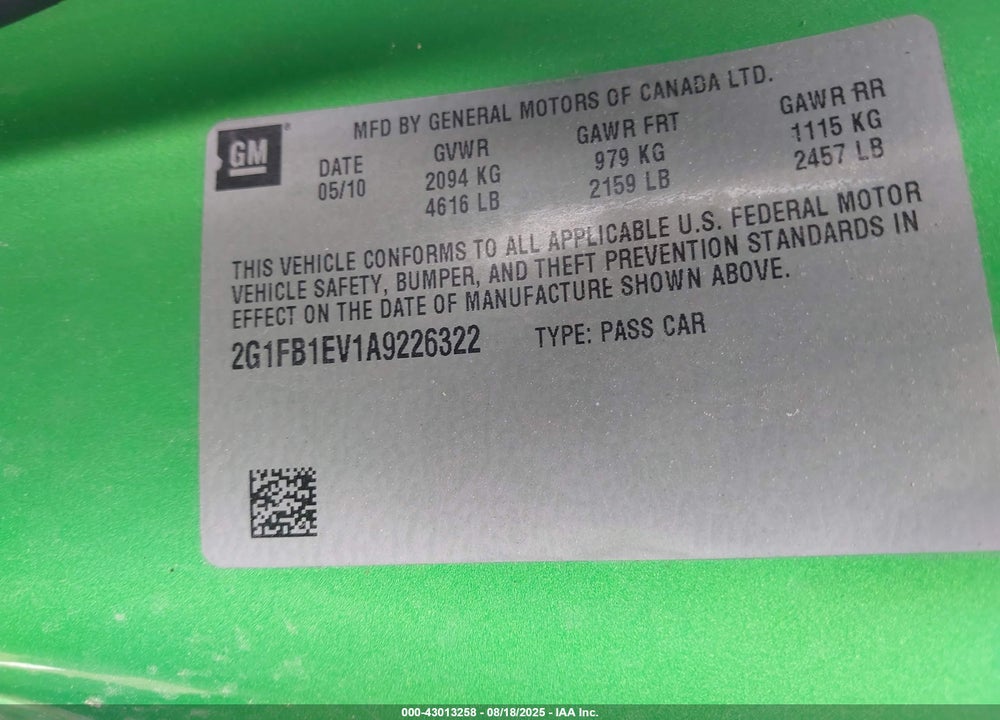 2010 CHEVROLET CAMARO 1LT VIN: 2G1FB1EV1A9226322
