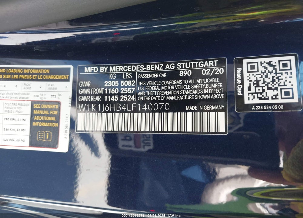 2020 MERCEDES-BENZ E 450 VIN: W1K1J6HB4LF140070