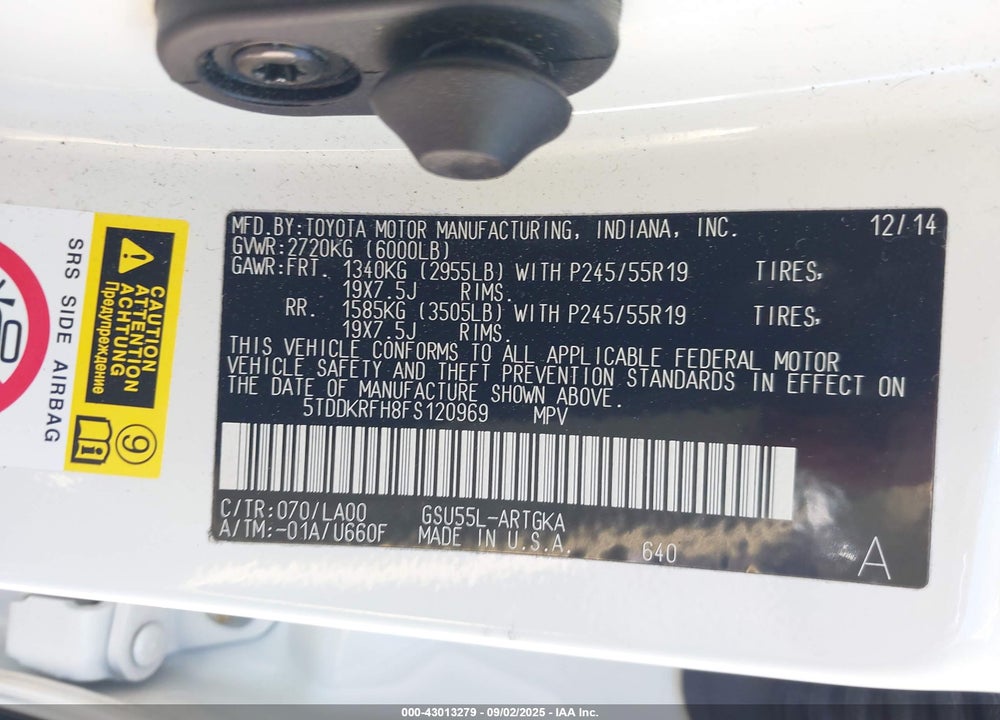 2015 TOYOTA HIGHLANDER VIN: 5TDDKRFH8FS120969