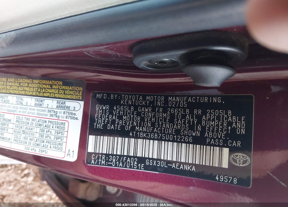 2005 TOYOTA AVALON XL VIN: 4T1BK36B75U012266