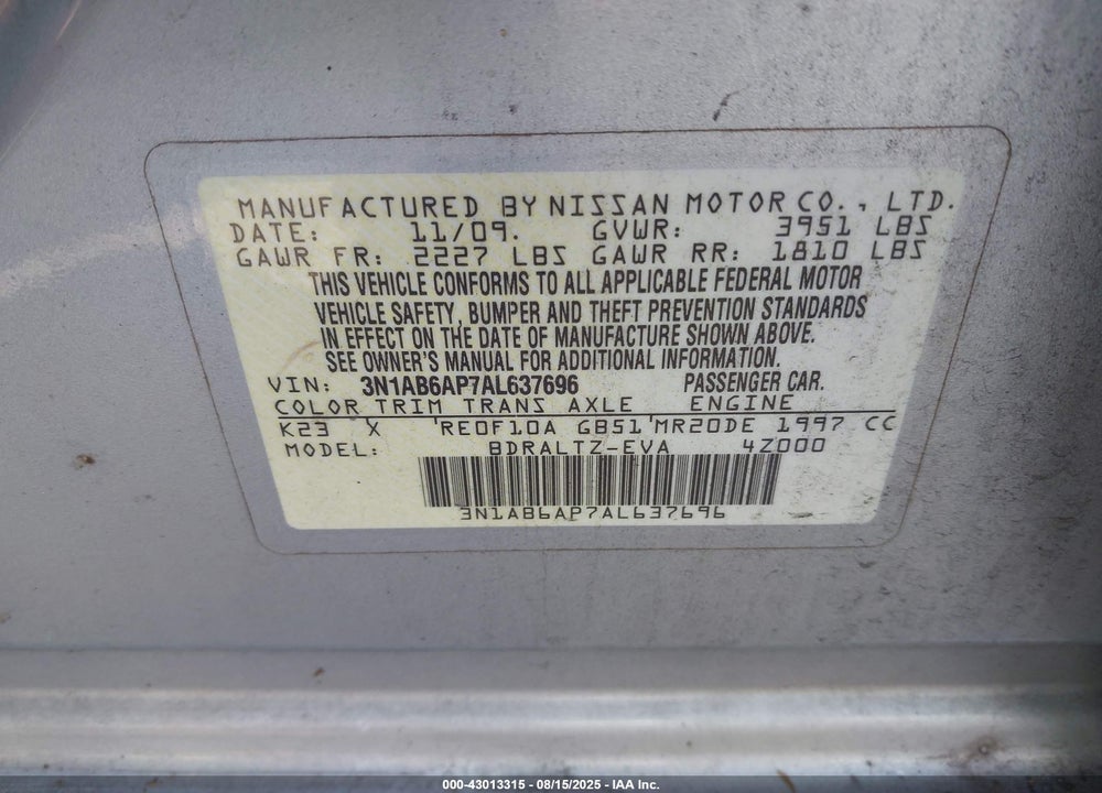 2010 NISSAN SENTRA VIN: 3N1AB6AP7AL637696