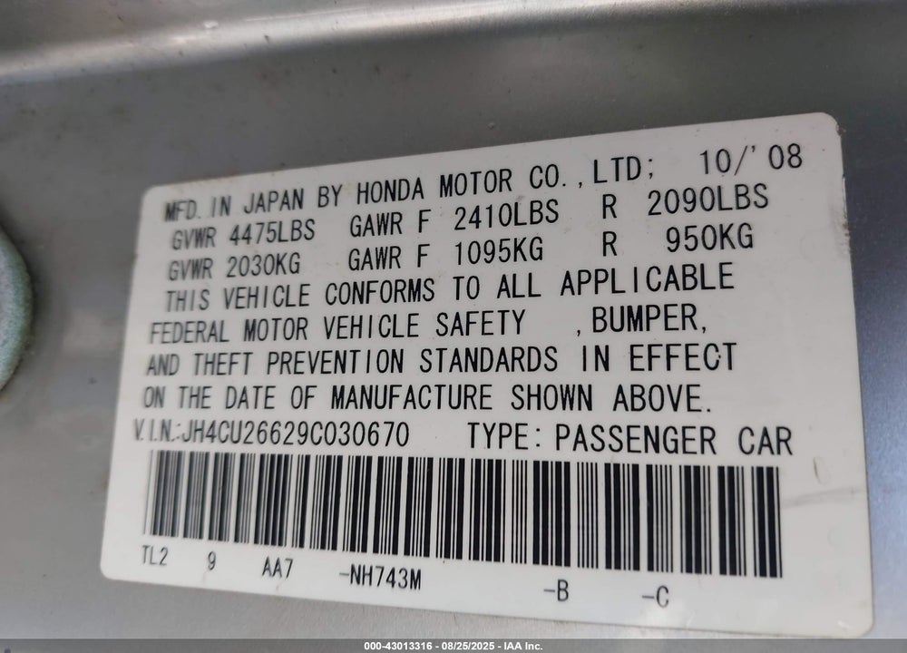 2009 ACURA TSX VIN: JH4CU26629C030670