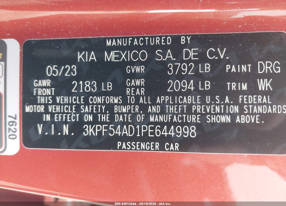 2023 KIA FORTE VIN: 3KPF54AD1PE644998