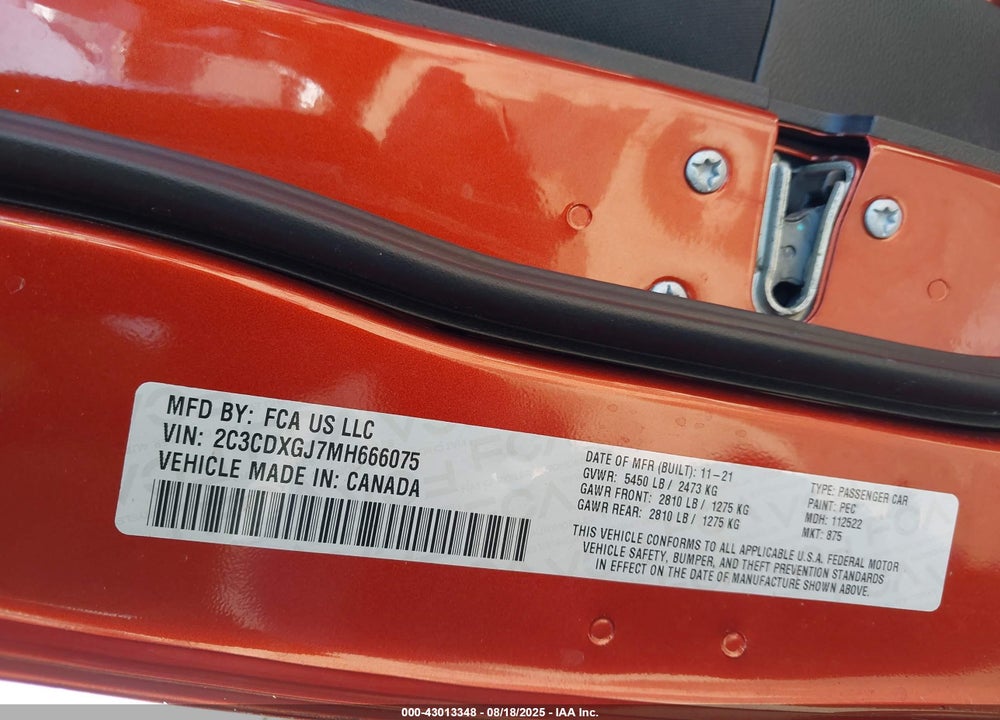 2021 DODGE CHARGER VIN: 2C3CDXGJ7MH666075