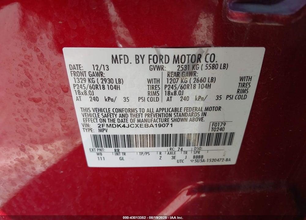 2014 FORD EDGE VIN: 2FMDK4JCXEBA19071