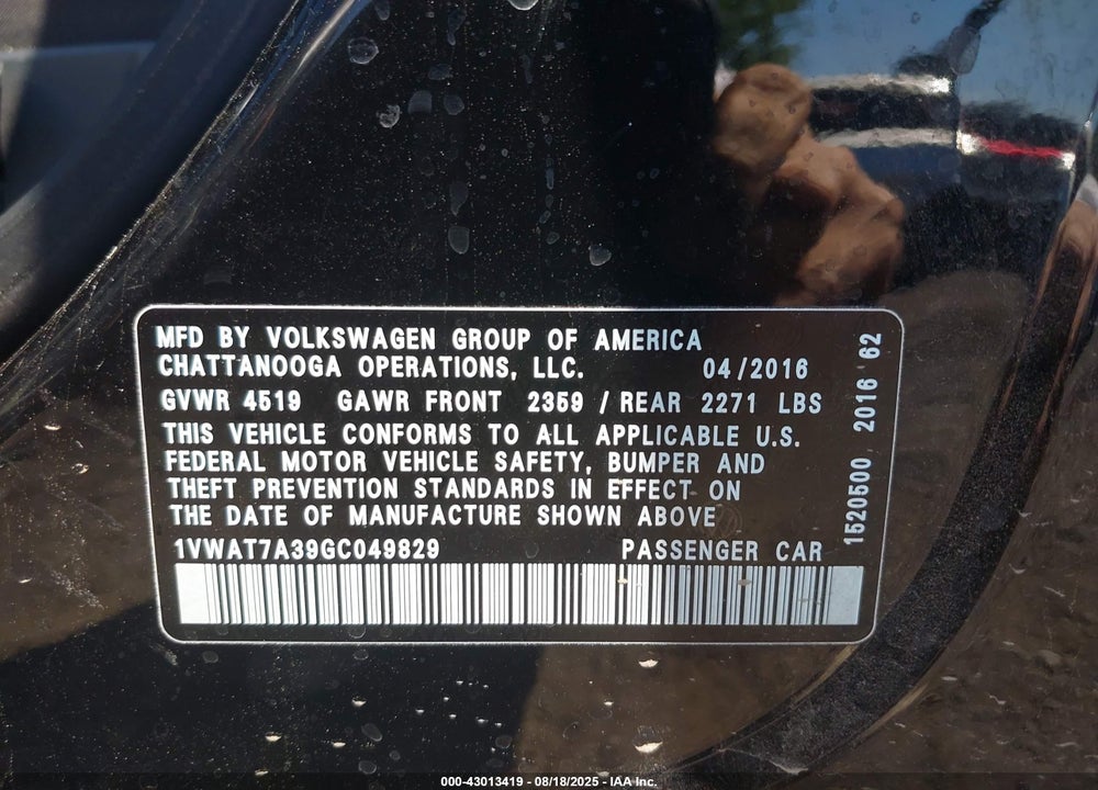 2016 VOLKSWAGEN PASSAT VIN: 1VWAT7A39GC049829