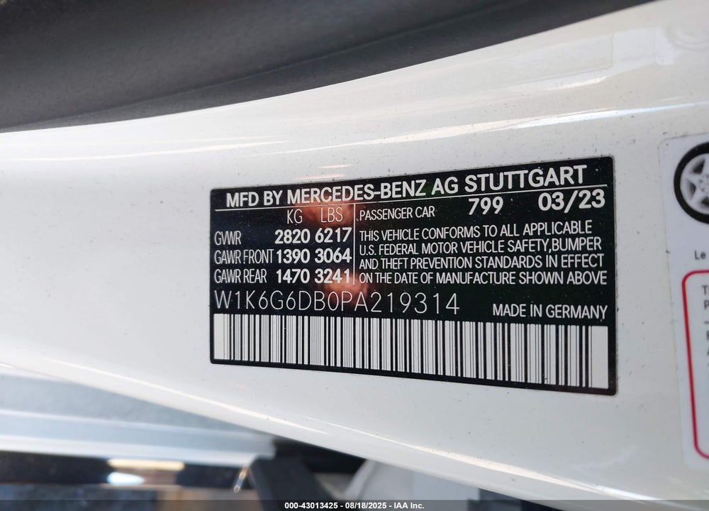 2023 MERCEDES-BENZ S CLASS VIN: W1K6G6DB0PA219314