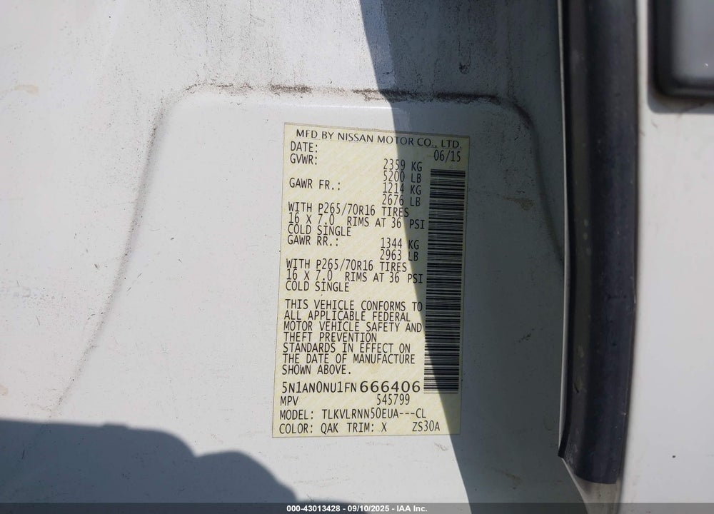 2015 NISSAN XTERRA VIN: 5N1AN0NU1FN666406