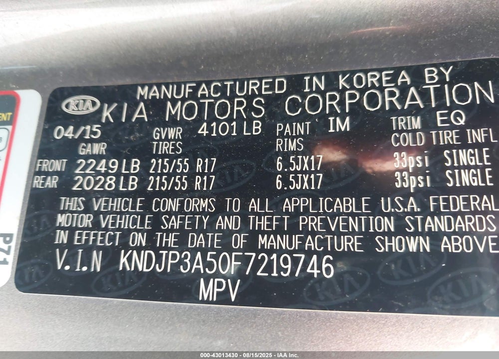 2015 KIA SOUL VIN: KNDJP3A50F7219746