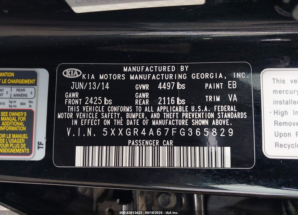 2015 KIA OPTIMA VIN: 5XXGR4A67FG365829