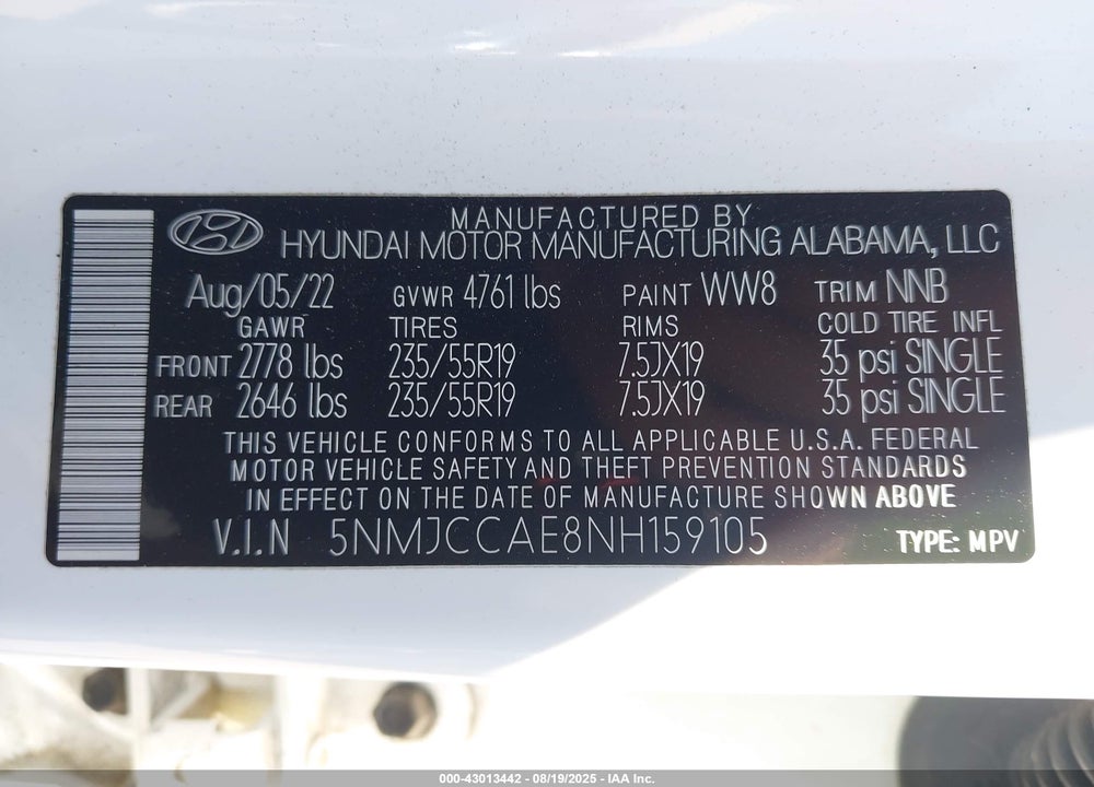 2022 HYUNDAI TUCSON VIN: 5NMJCCAE8NH159105