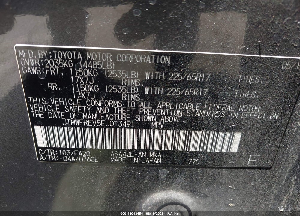 2014 TOYOTA RAV4 VIN: JTMWFREV5EJ013491